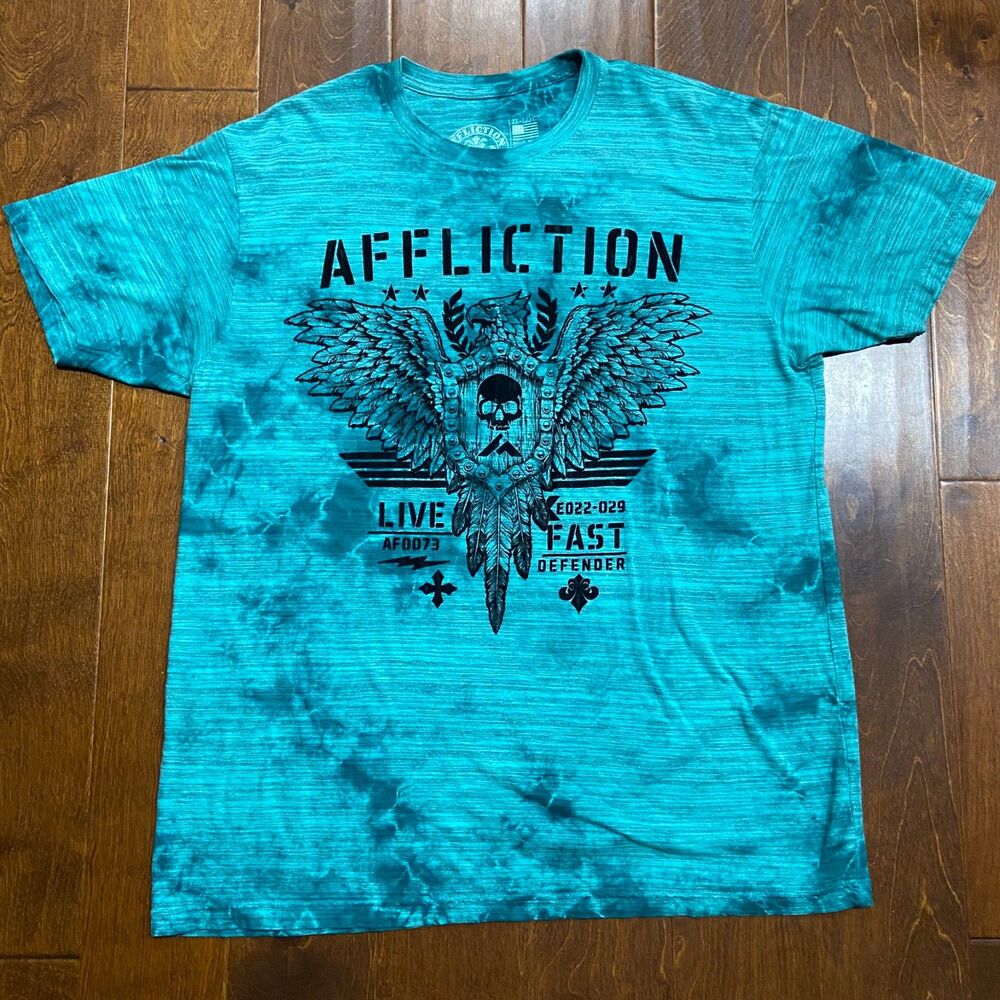 Affliction Live Fast Eagle Vintage Gothic Punk Washed Teal T-Shirt Mens Size 2XL - Picture 3 of 8